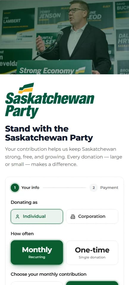 A live Saskatchewan Party donation page on a phone: photo, logo, and the monthly/one-time choice