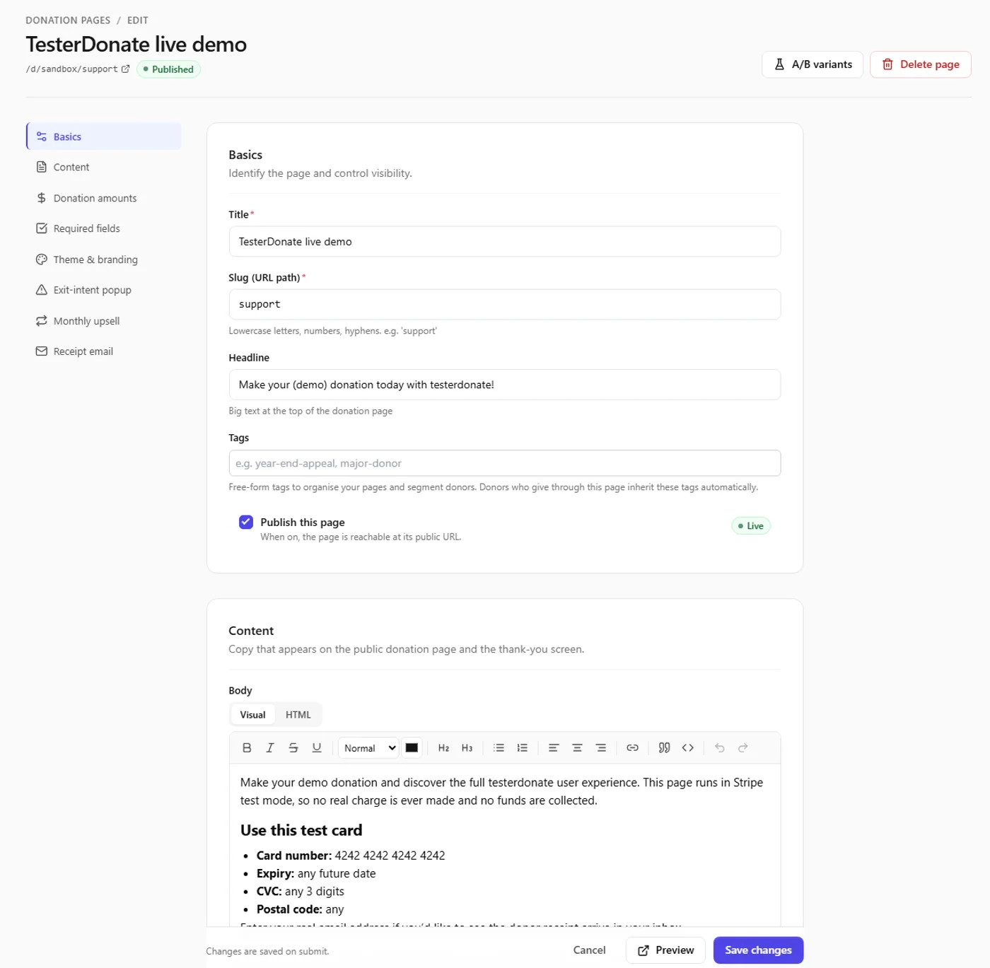 The donation page editor with headline, slug, tags, and publish controls